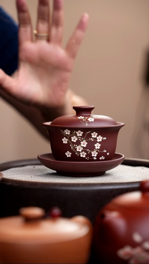 茶壶紫砂紫泥梅花三才盖碗