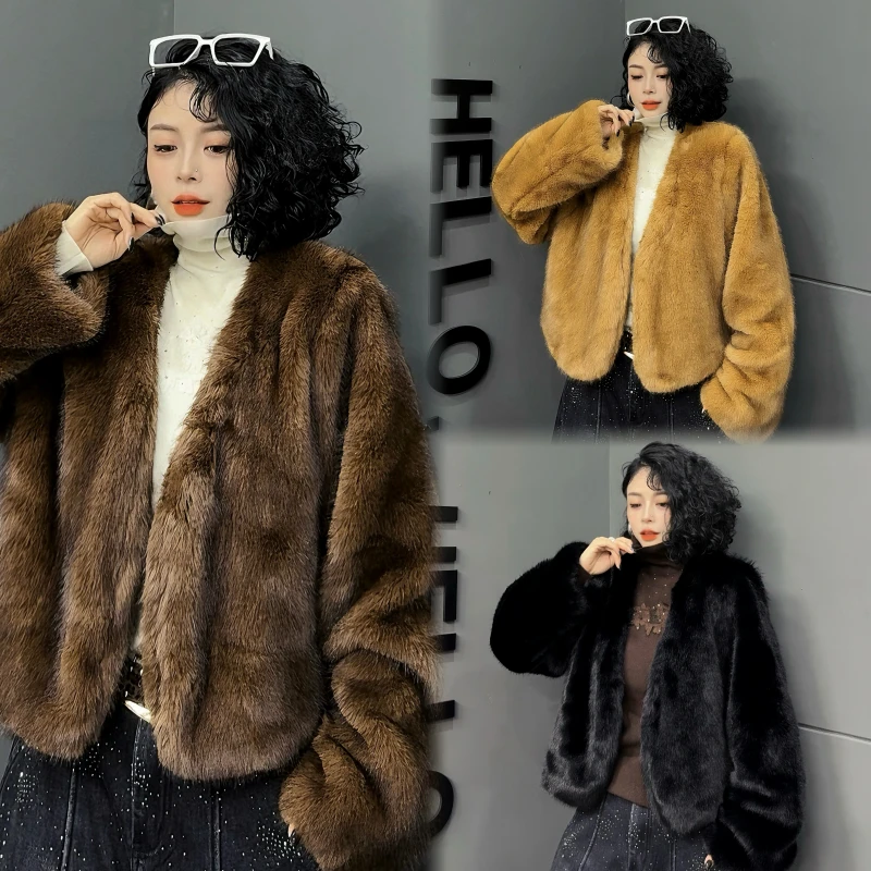 【亿火】休闲风V领短外套常规袖防皮草外套- G226-6829