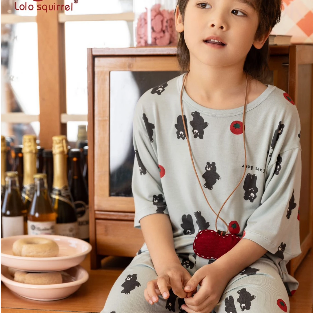 洛洛春夏圆领短袖中裤儿童家居套装 红柿黑熊 LM2H2511