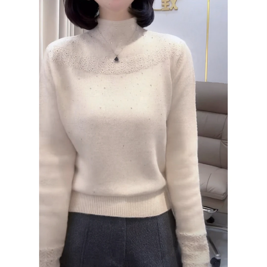 温柔风重工烫钻长袖针织衫2025秋冬新款保暖内搭毛衣半高领打底衫