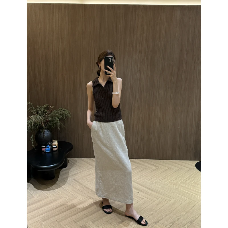 饭饭FANN COLLECTION 勒斯酒庄 100亚麻松紧腰休闲半裙FANNC124