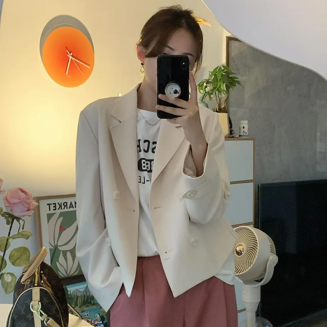 双排扣短款小西服女春季通勤小个子西装白色休闲网红设计感夹克