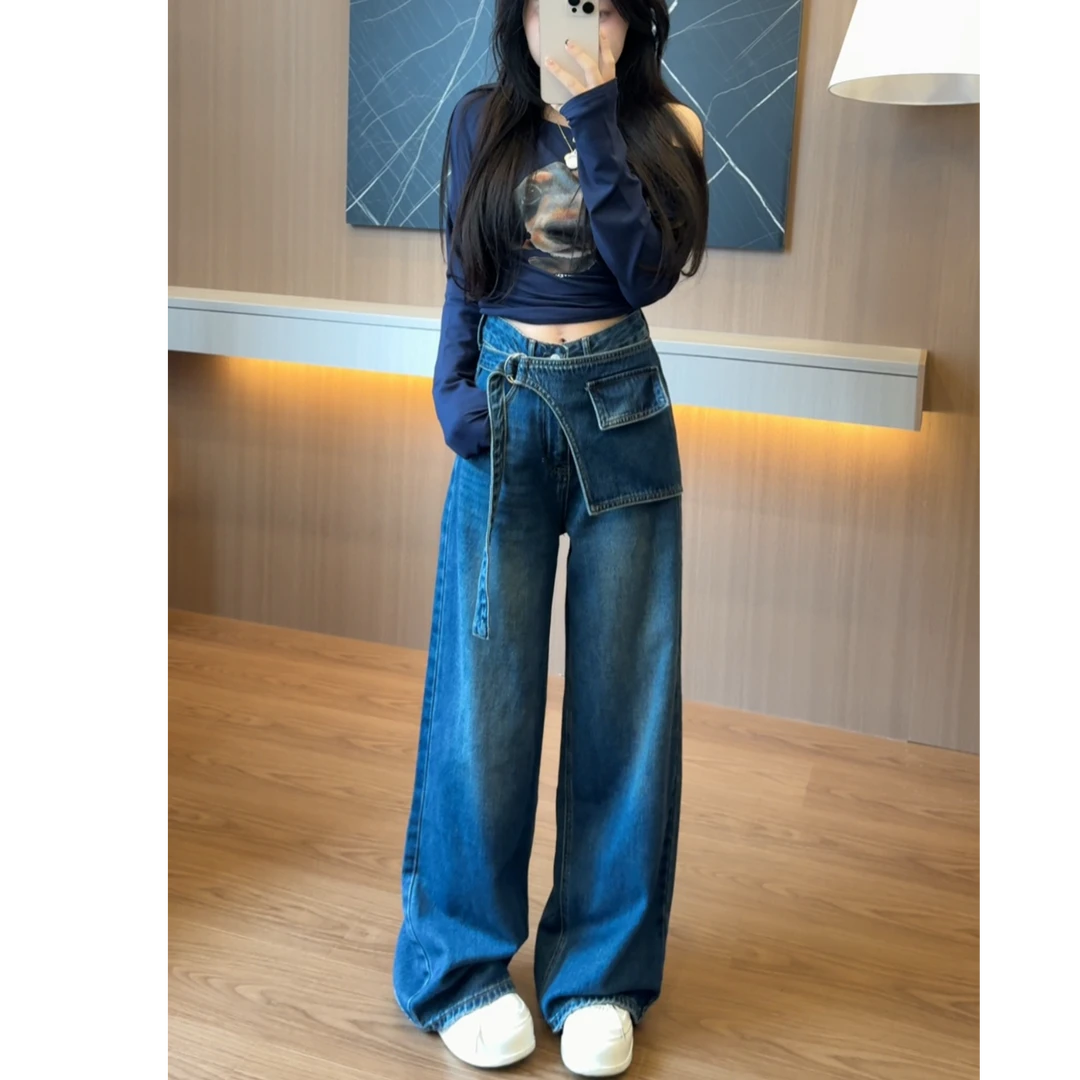 260秋季新款高腰显瘦假两件阔腿裤小个子2025复古百搭个性直筒裤