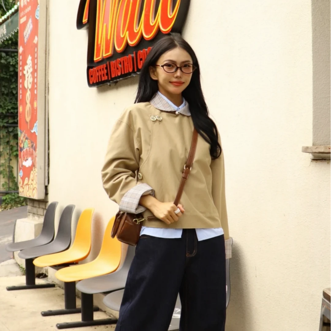 Adiya brand格子翻领蒙古元素斜襟风衣外套时尚保暖衬衫棉衣棉服