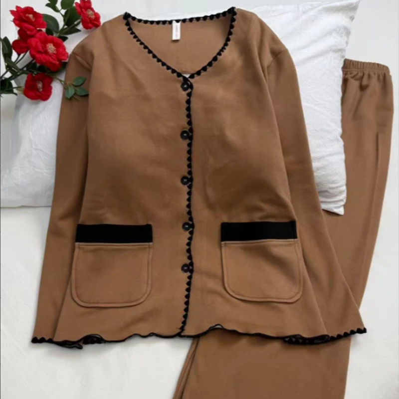 睡衣女款爆款2025新款冬季暖绒长袖长裤开衫带胸垫休闲家居服套装