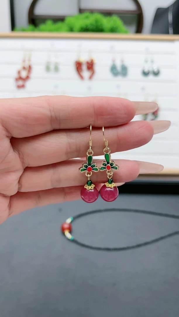 【闪购商品】玛瑙/玉髓耳饰银S925镀金镶嵌1508