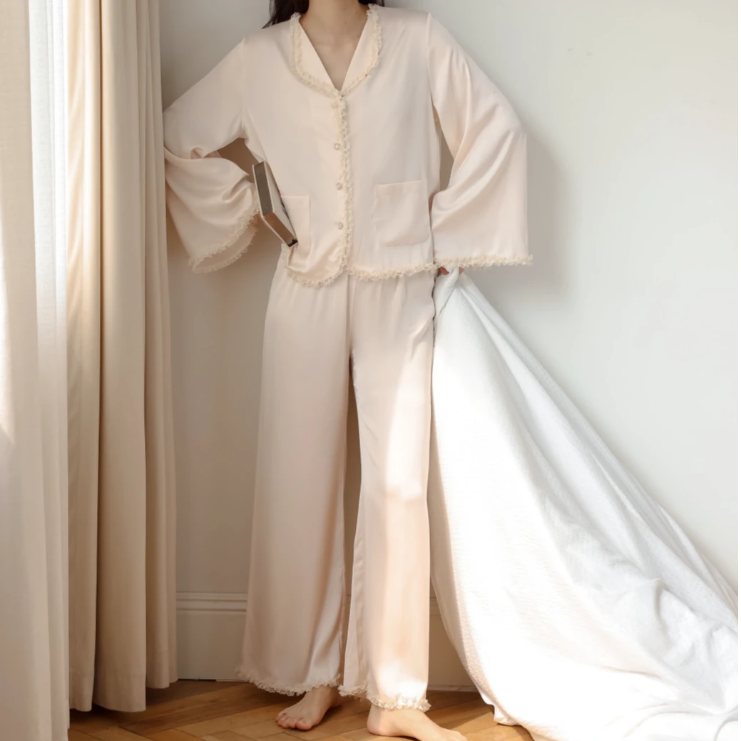 古风简约加宽摆袖缎面蕾丝长袖套装轻奢薄款女士
