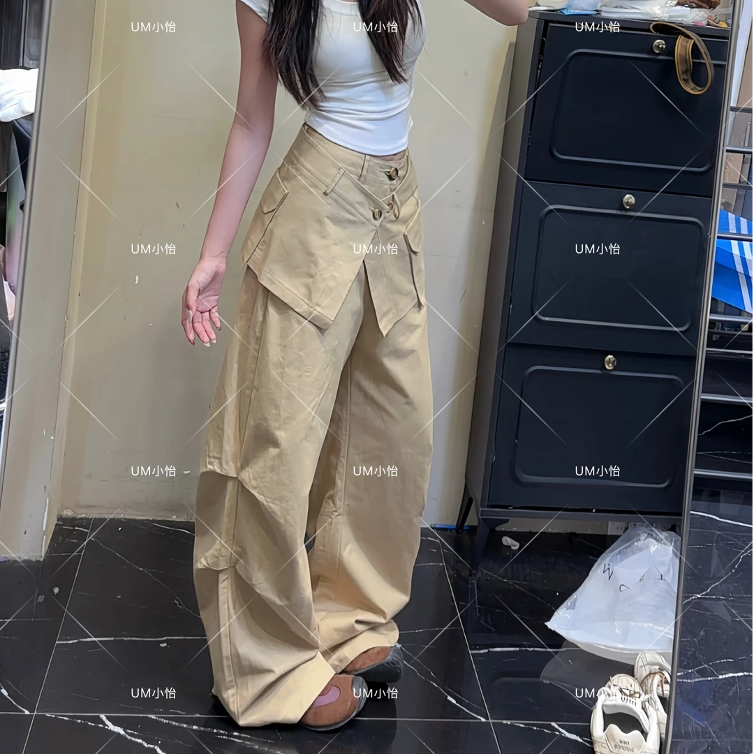 鑫怡定制【焦糖暮汐】早秋新款女薄款真两件屁帘宽松阔腿休闲拖地裤