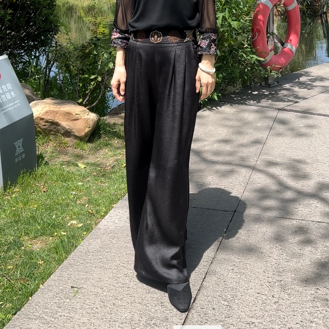 【春树暮云】裤子宽松夏季新款国风直筒薄款阔腿裤长裤黑色高腰