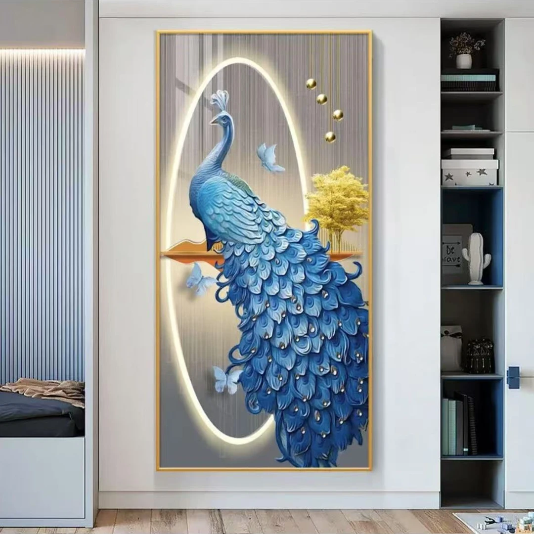 Q191孔雀晶瓷镶钻玄关轻奢风装饰画现代简约走廊竖版大气高端挂画