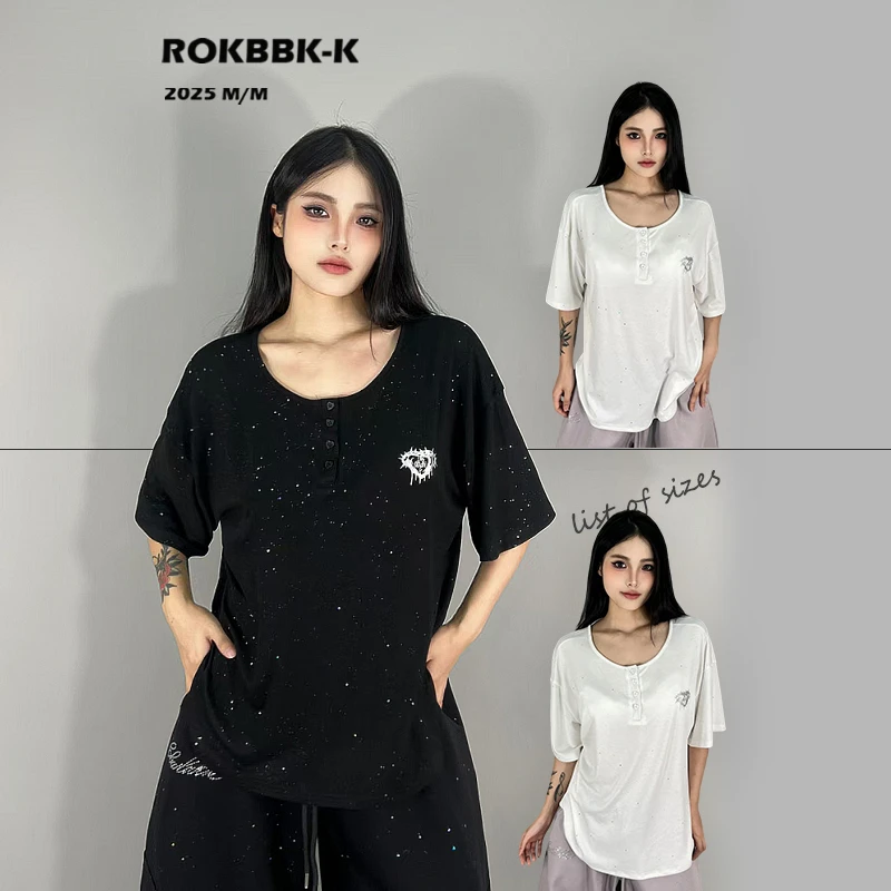 ROKBBK-K布韩街舞潮牌绑带细闪爱心罩衫显瘦宽松T恤女爵士舞