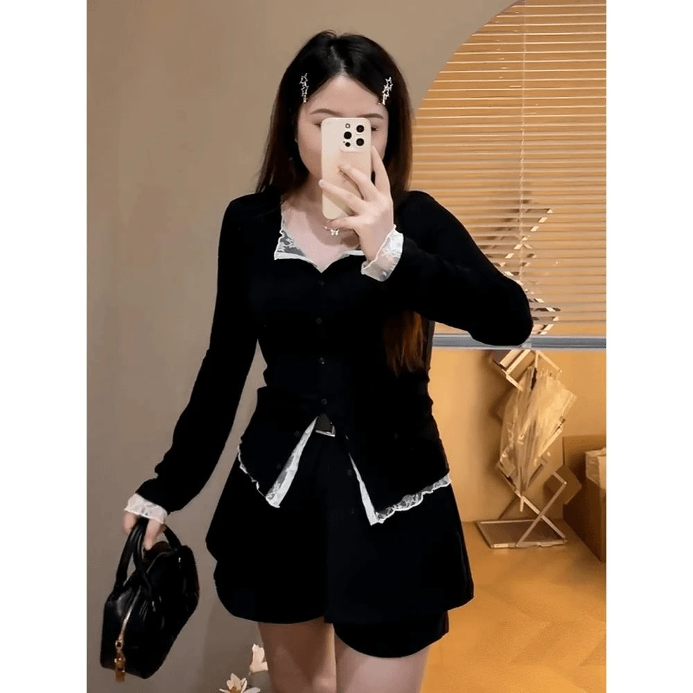 大码法式假两件蕾丝t恤女装秋季新款胖mm遮肉显瘦上衣内搭打底衫
