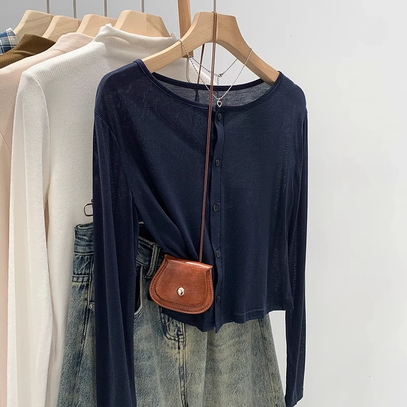 藏青色长袖薄款修身上衣女秋季新款高级感单穿T恤独特漂亮小衫潮
