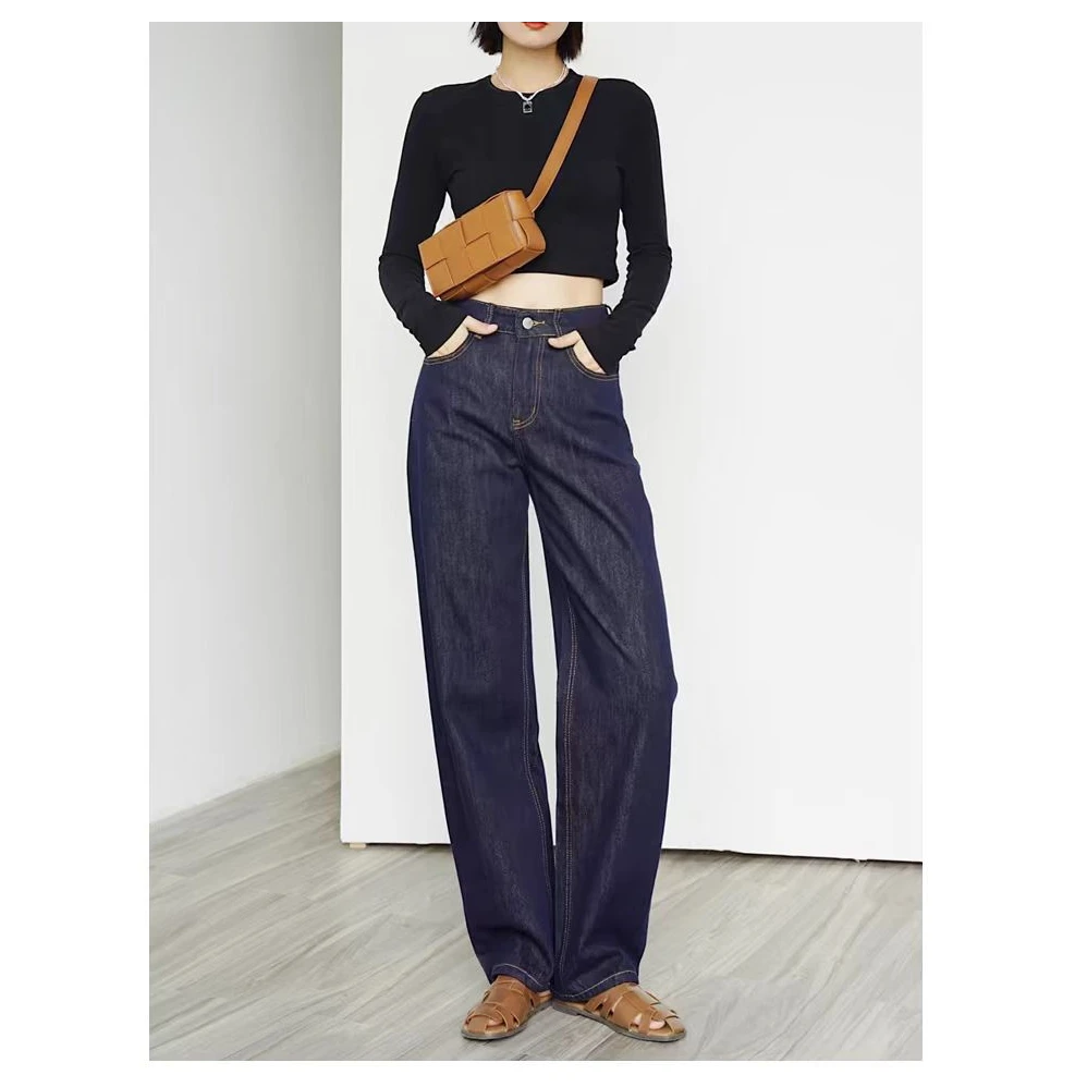 冬款不掉色（四面弹丹宁色）窄版高腰遮肉显瘦垂感直筒女牛仔裤