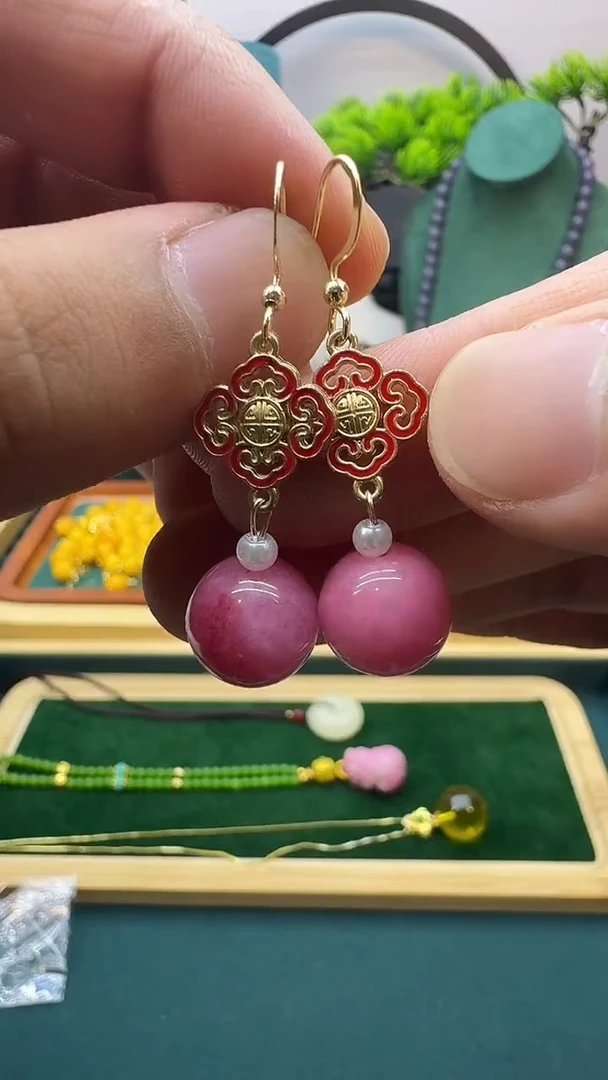 菱锰矿（红纹石）14K金镶嵌耳钉E51