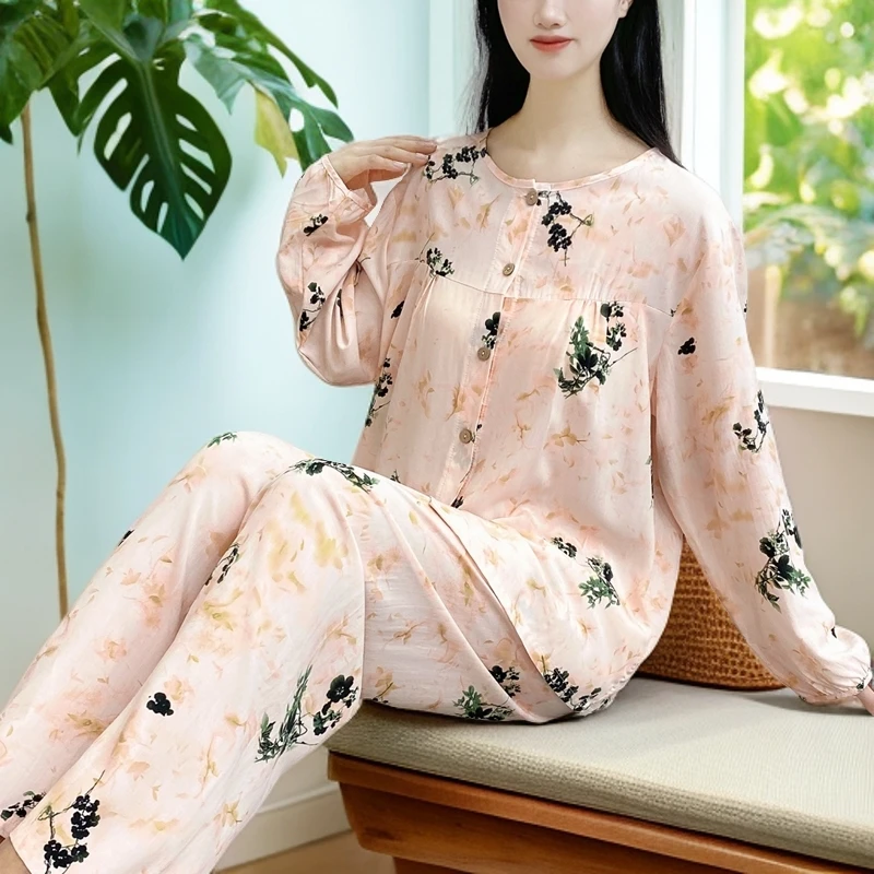 女款大码开衫睡衣2025新款棉绸不带胸垫长袖可外穿家居服套装Y158