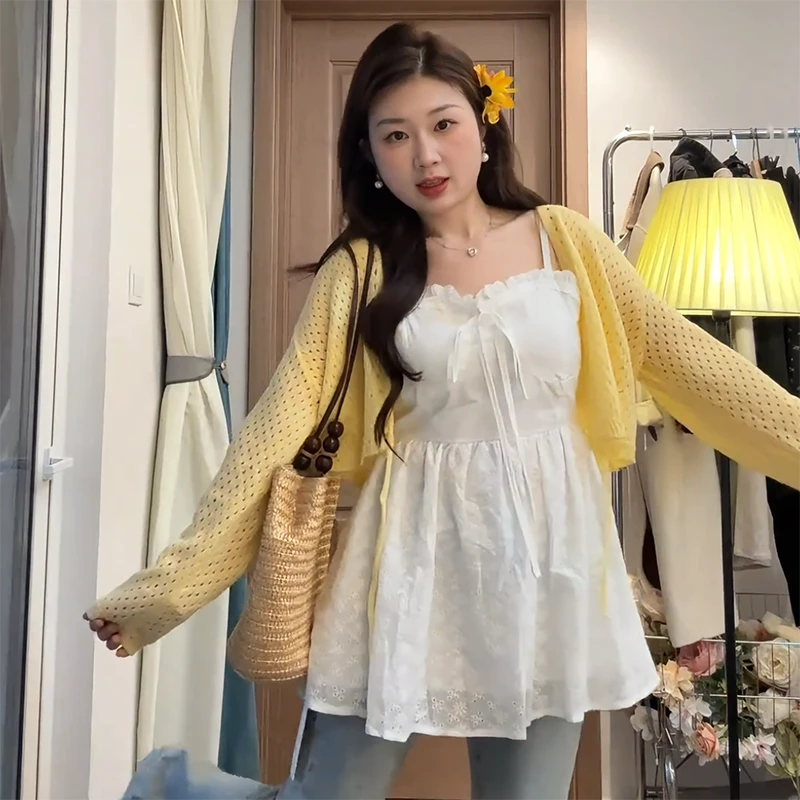 【8465桃】法式甜美吊带背心外搭长袖针织开衫两件套装女早春夏穿搭