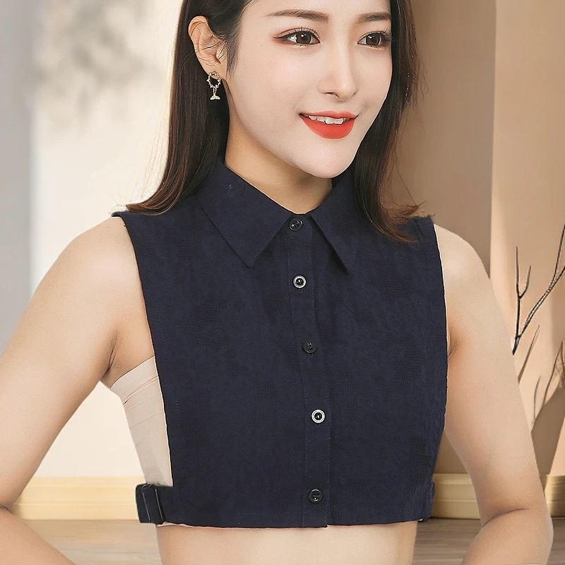 秋冬季立领假领子女假领衬衫装饰木耳边假衣领藏青色提花衬衣假领