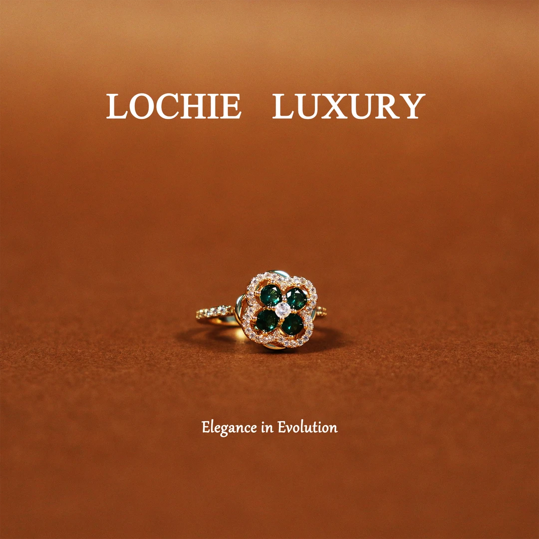 铜合金锆石戒指 L028【绿洲】金色时尚四叶草镶嵌绿色开口戒指