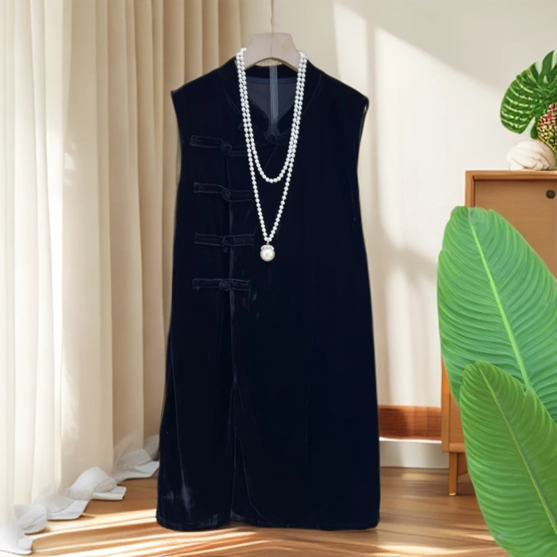 2025夏季新款新中式国风盘扣丝绒连衣裙女高级感气质宽松显瘦裙子