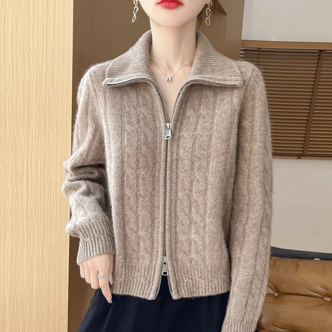 纯色翻领双拉链针织开衫外套女2025秋冬新款宽松大码加厚毛衣外搭