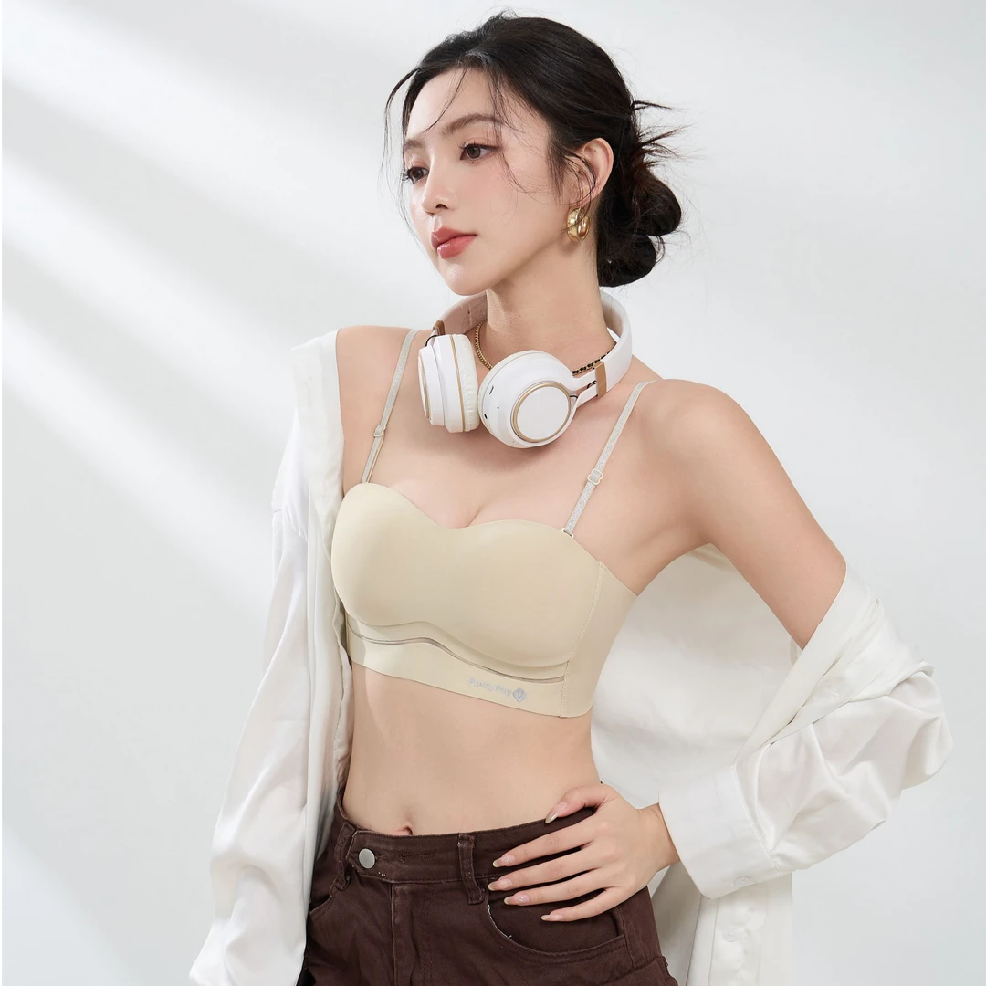 2025新款小胸聚拢不跑杯内衣无痕防滑抹胸防下垂无钢圈调整型文胸