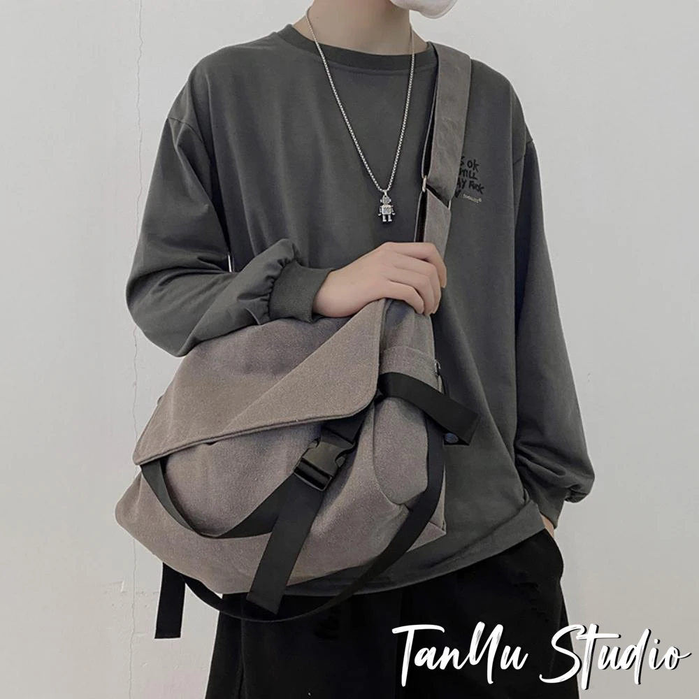 探屿男帆布复古休闲斜挎包男士小挎包旅行单肩包上课学生布料出门