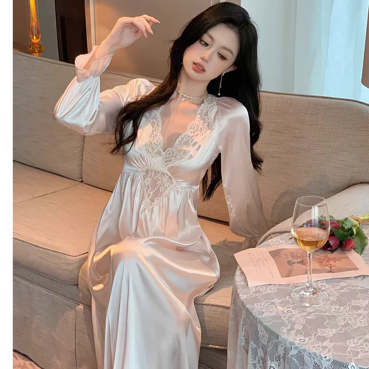 小七推荐冰雪丝蕾丝显瘦性感法式纯欲宫廷风长款带胸垫睡裙