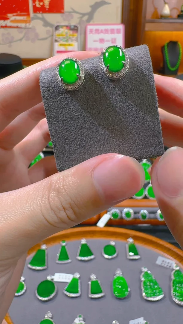翡翠银S925镶嵌耳饰天然A货翡翠