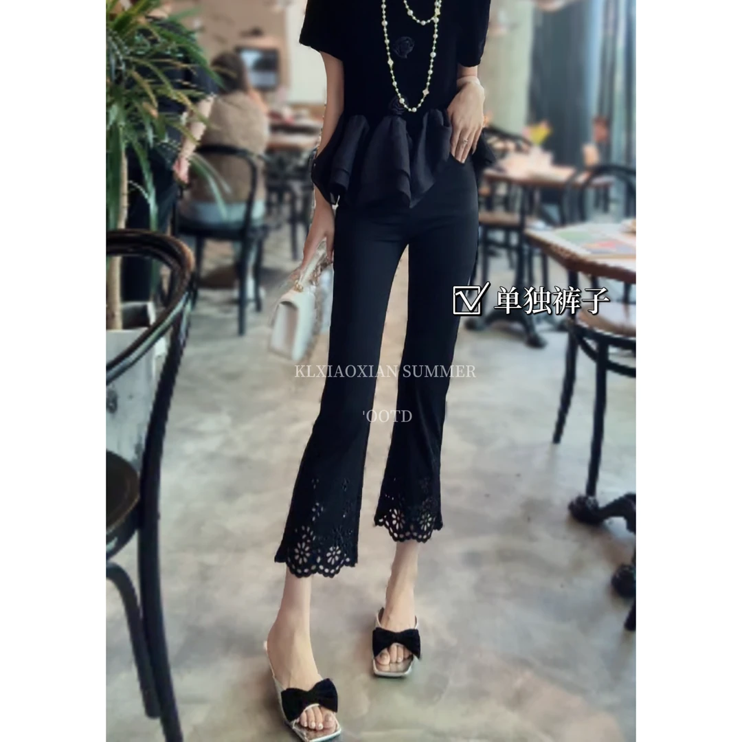 轻奢风高腰弹力刺绣微喇九分裤K0620