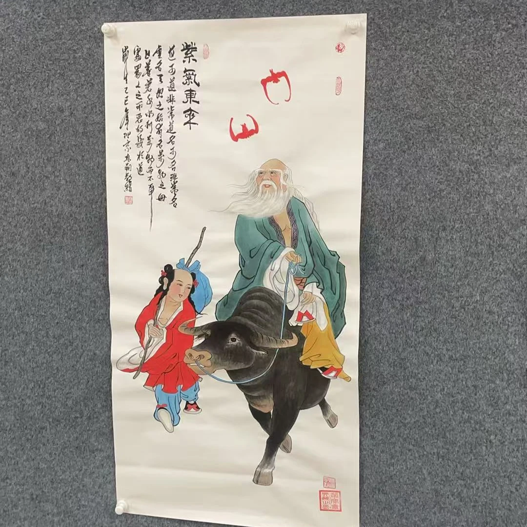 《老子出关》-绿袍-冯高翔-纯手绘国画作品-四尺横白宣