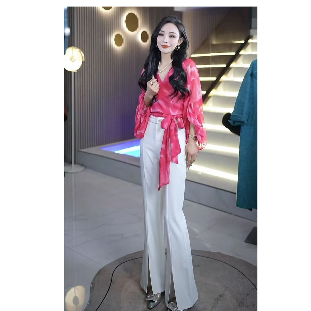 腰头水钻中分线开叉装饰水钻微喇裤ML2021-32