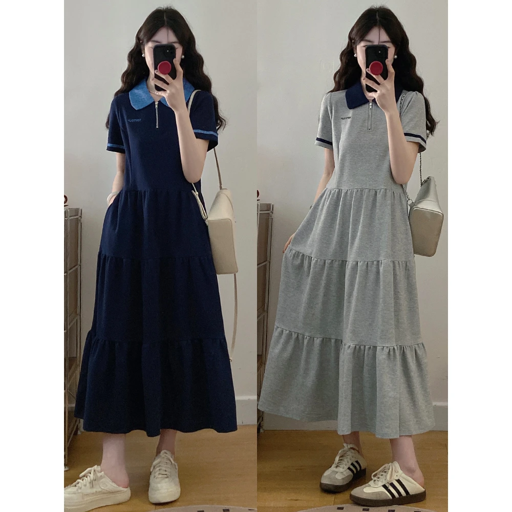 大码女装胖mm夏日新款显瘦高腰遮肉蛋糕裙翻领刺绣连衣裙