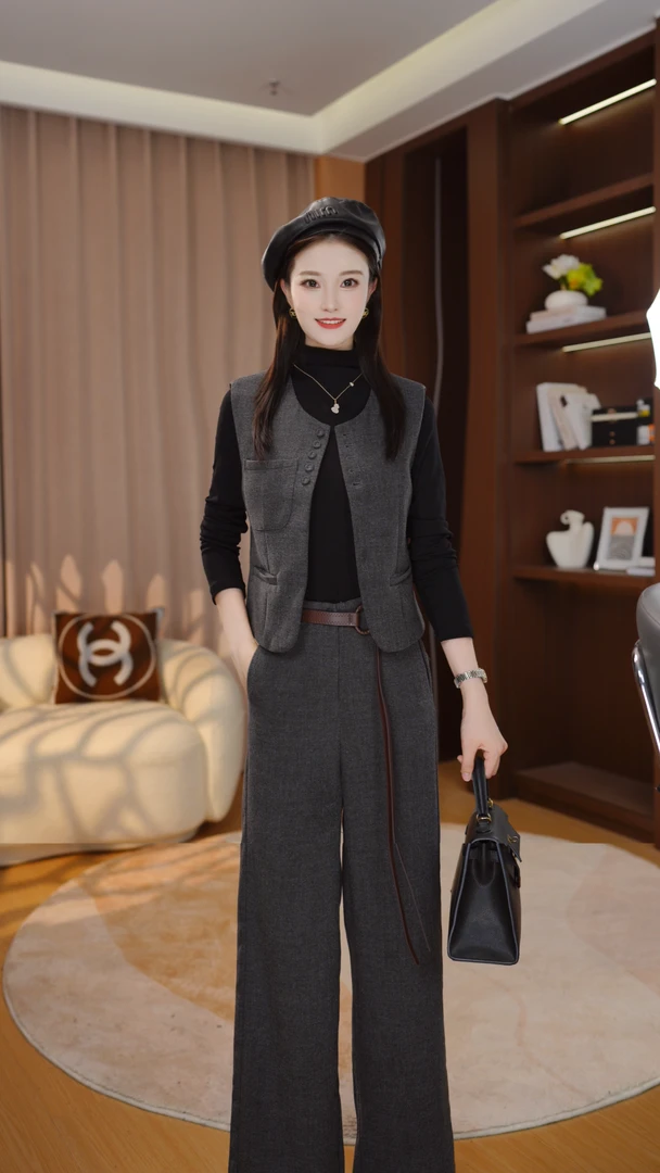 vivi 四件套秋冬新款时尚女半高领打底衫+马甲+阔腿裤+皮带套装
