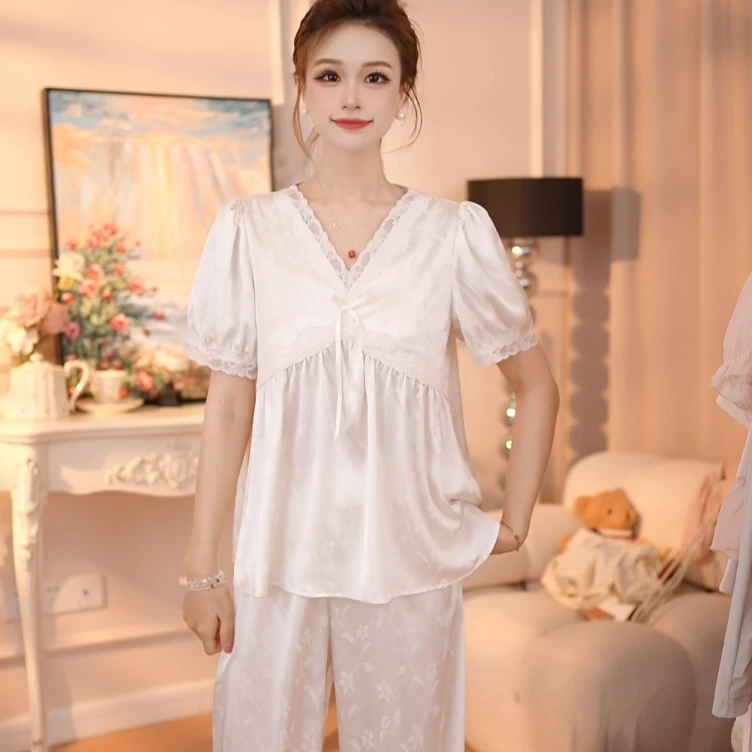 查理夫人【温婉】设计感丝滑短袖女士家居服性感显瘦春夏睡衣