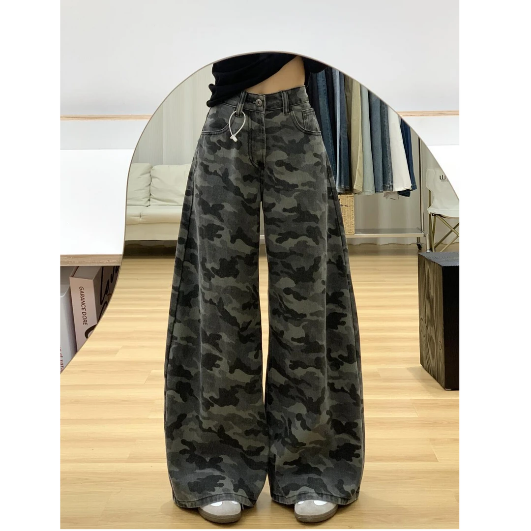 设计感美式复古迷彩休闲阔腿牛仔裤女高腰宽松直筒拖地长裤工装裤