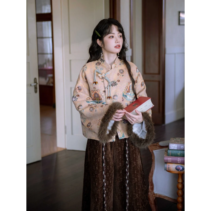 【凤凰谱】复古提花新中式加绒外套阔腿裤休闲裤大方得体两件套