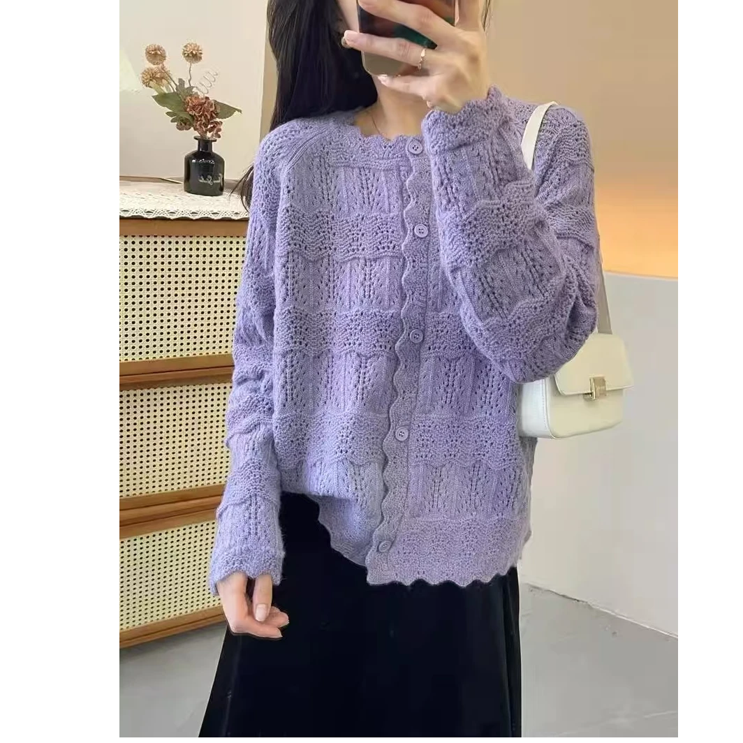 【高品质】法式温柔风春秋新款镂空钩花针织开衫女纯色百搭花边领