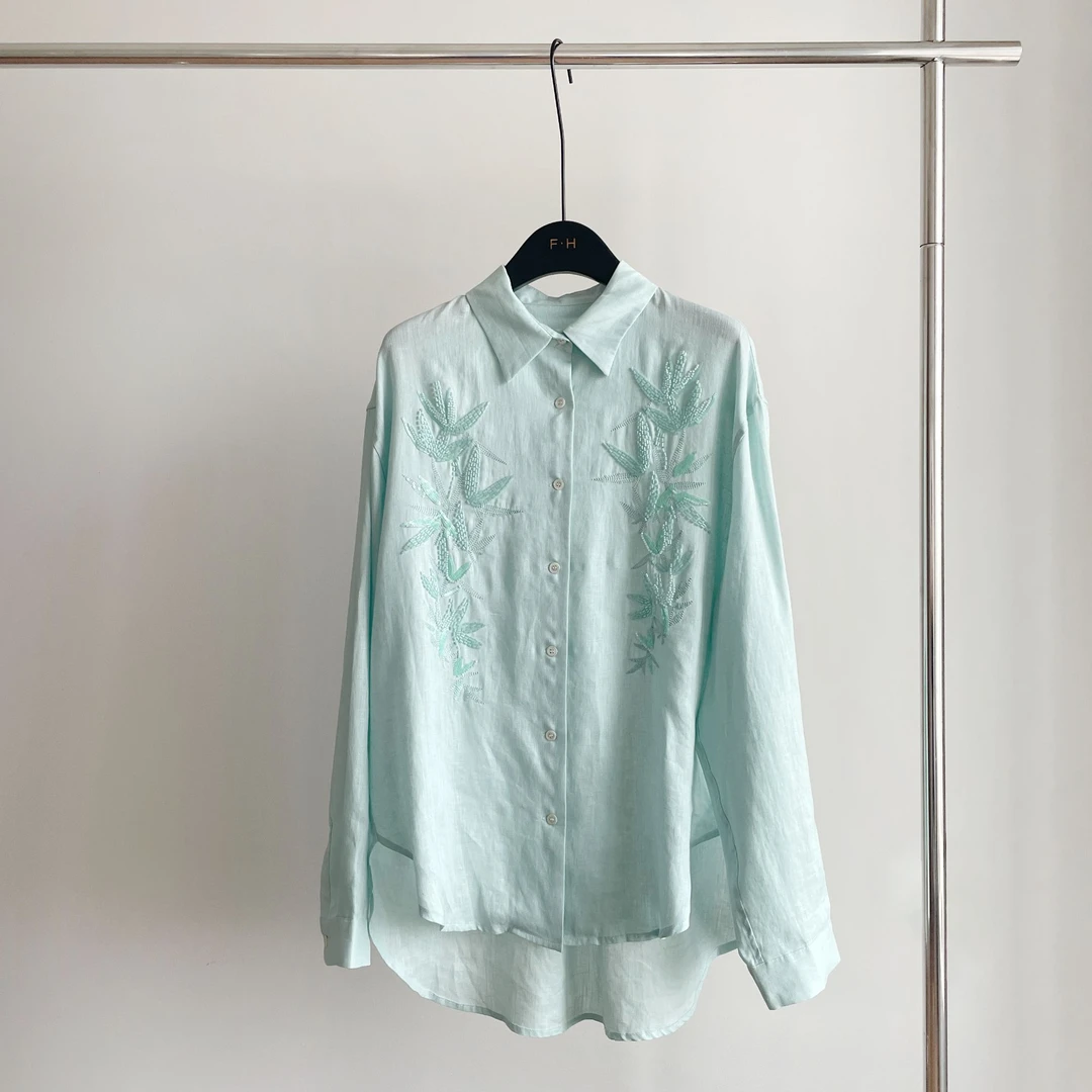 夏季新国风重工亚麻珠绣衬衫