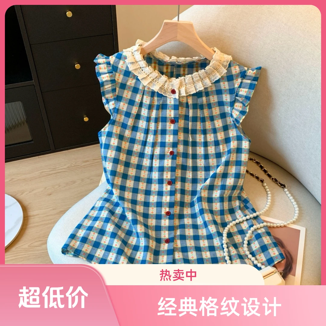 气质格子蕾丝衬衫拼接娃娃领碎花夏季套头韩版休闲风