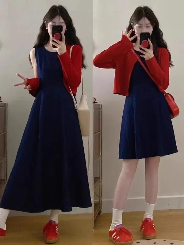 2025夏季新款韩系时尚穿搭红色防晒开衫高腰牛仔连衣裙气质两件套