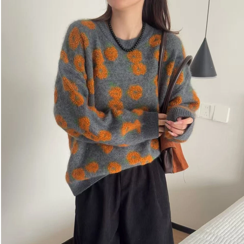 【柿柿如意】山羊绒拉绒冬季刺绣休闲宽松加厚针织厚款打底套头女士