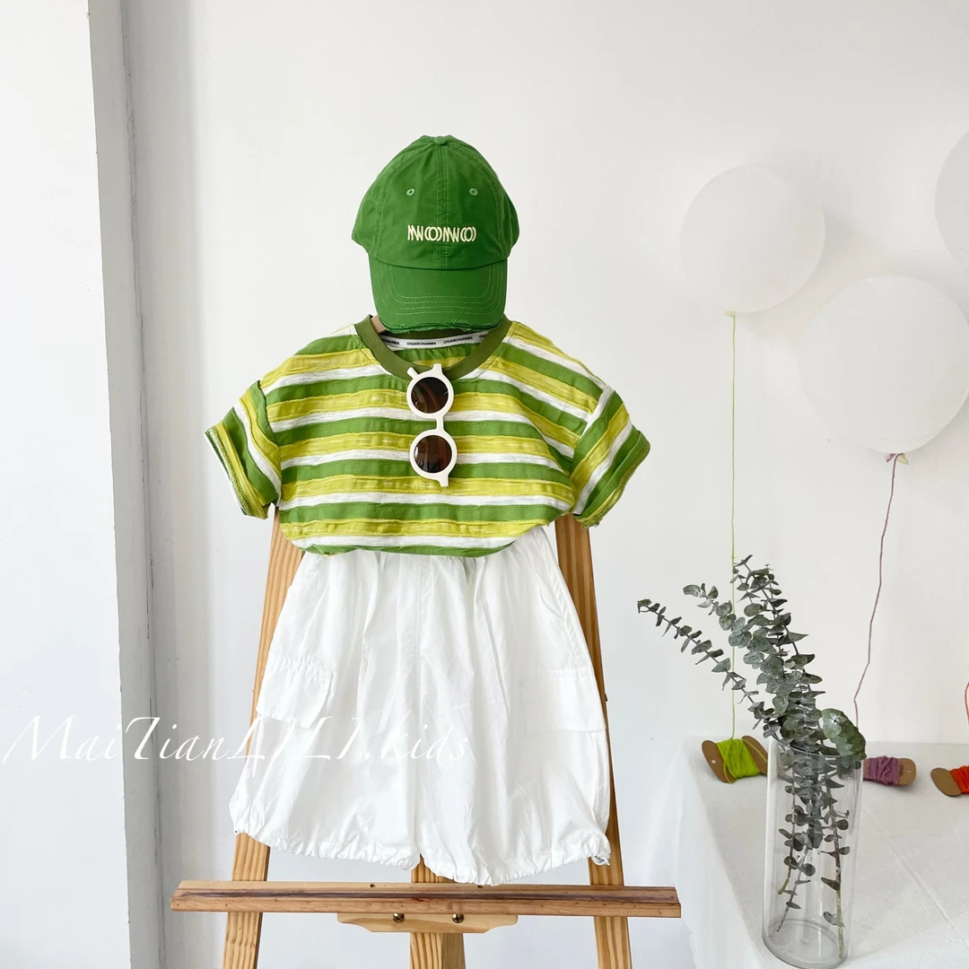 2025夏季新款童装儿童韩版绿色条纹T恤男女童多巴胺亮色清爽短袖