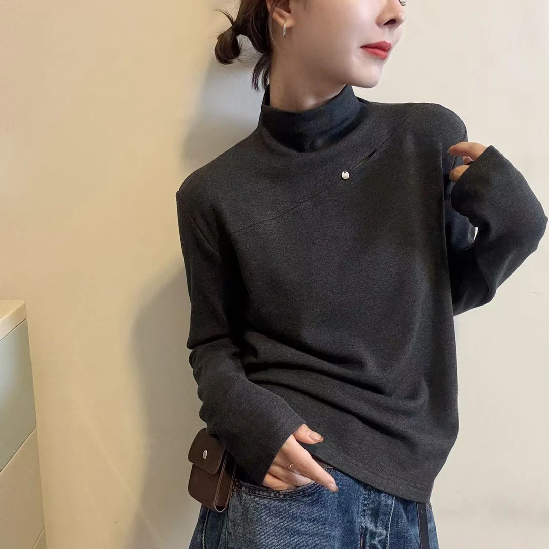 半高领斜口设计感长袖T恤女秋冬新款磨毛加绒加厚纯色打底衫上衣