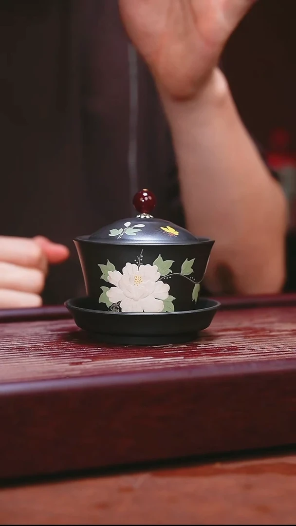 紫砂公道杯宜兴原矿紫砂  石磺牡丹盖碗