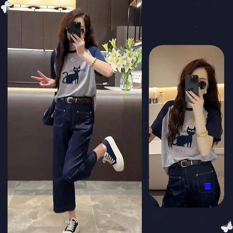 减龄时尚套装女2025夏季新款洋气穿搭宽松显瘦短袖牛仔裤两件套