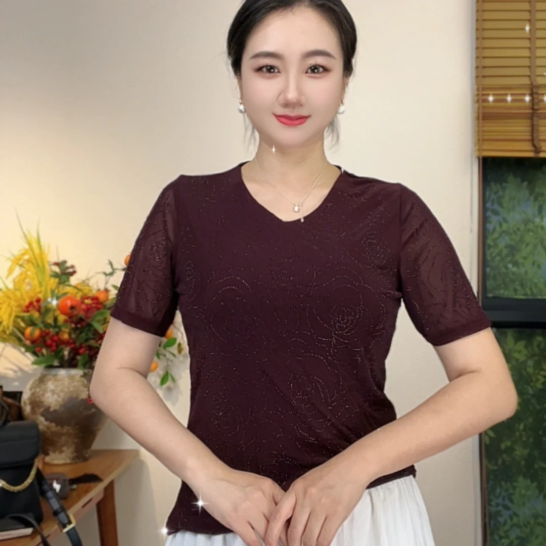 网纱V领t恤女小时尚性感重工玫瑰烫钻洋气短袖上衣女潮