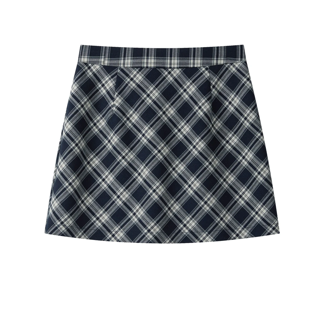羊城故事-蓝色高腰格子半身裙修身显瘦百搭a字短裙Y50852709
