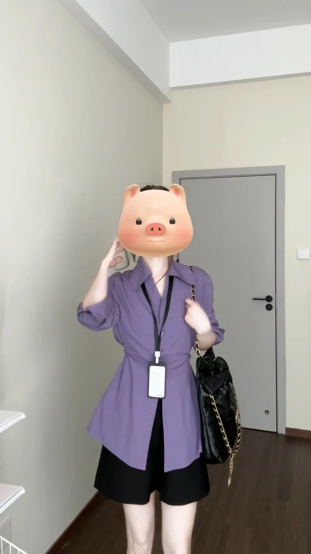 韩系翻领紫色长袖衬衫女春夏季设计感气质收腰衬衣直筒休闲短裤