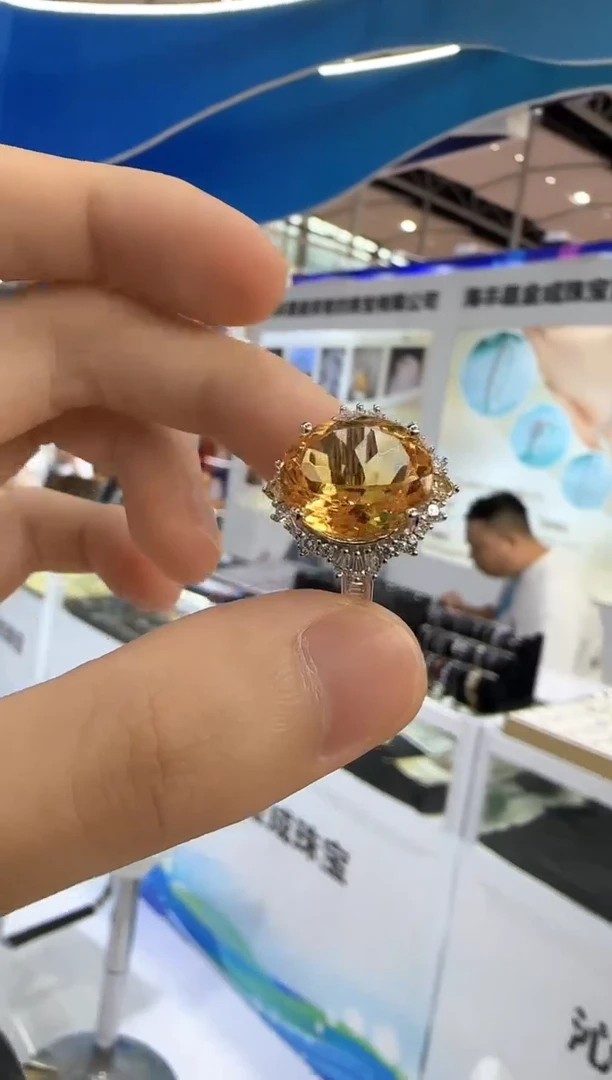 水晶戒指银S925镶嵌黄水晶14*12mm